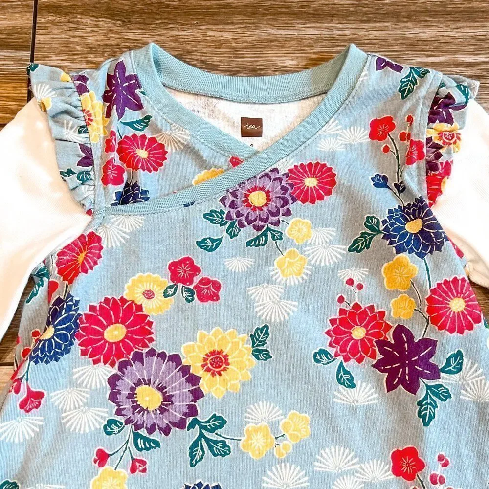 Tea Collection Long Sleeve Floral Flutter Shoulder Dress Size 4